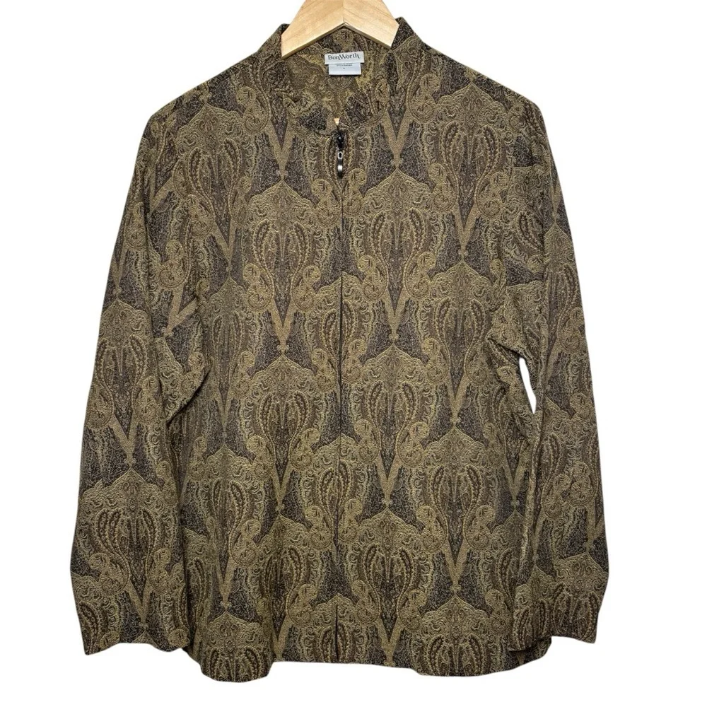 BonWorth Tapestry Jacket Women's Large Full Zipper Brown Paisley Jacquard Granny
